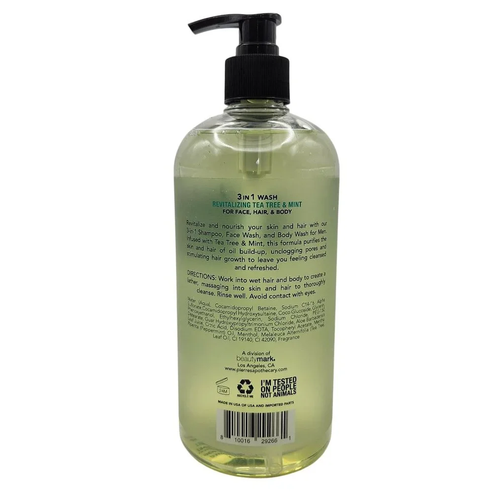 Pierres Apothecary Mens 3 in 1 Wash For Face Hair & Body Tea Tree And Mint 24oz